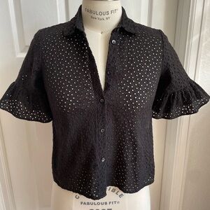 Madewell Black Eyelet Ruffle Sleeve Blouse Size XXS